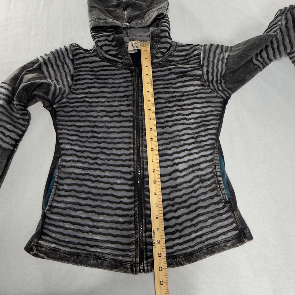 Fuzy Camel Womens M Black Grey Textured Striped Zip Up Hoodie Cotton Nepal Boho - Picture 8 of 12